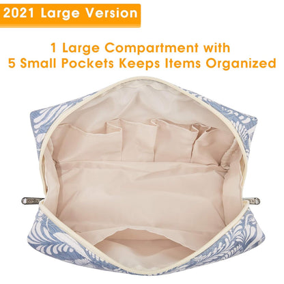Cute Makeup Bag Travel Cosmetic Bag Organizer Toiletry Bag Make up Bags with Compartments for Women Girls (Large, Blue Leaf)
